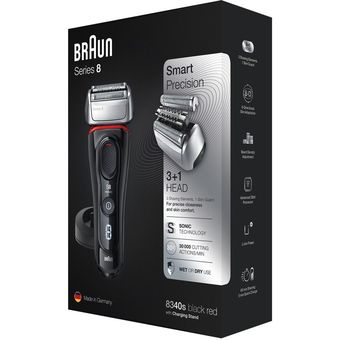 Braun Series 8 8340s Wet & Dry Shaver with Charging Stand and Travel Case - Black/Red (FGB10/88)